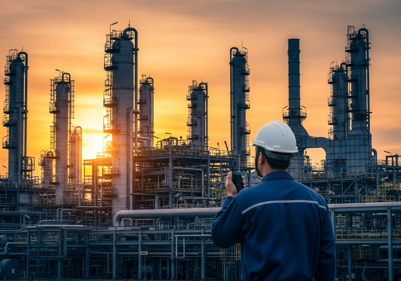 Engineer overseeing a petrochemical plant at dusk during a turnaround