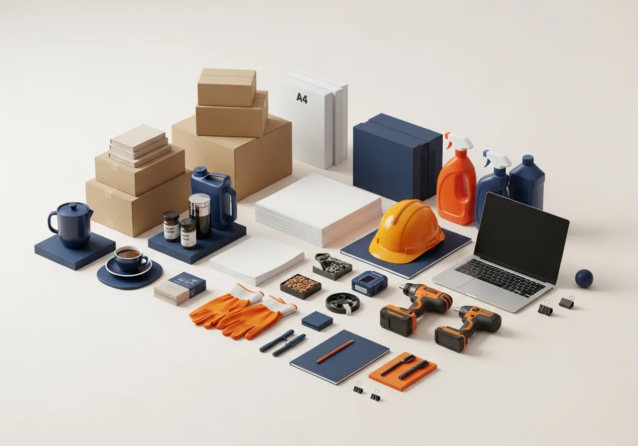 A neatly arranged catalogue of business essentials — shipping boxes, office paper, pantry, safety gear, cleaning supplies, tools and IT — available on LapasarMall