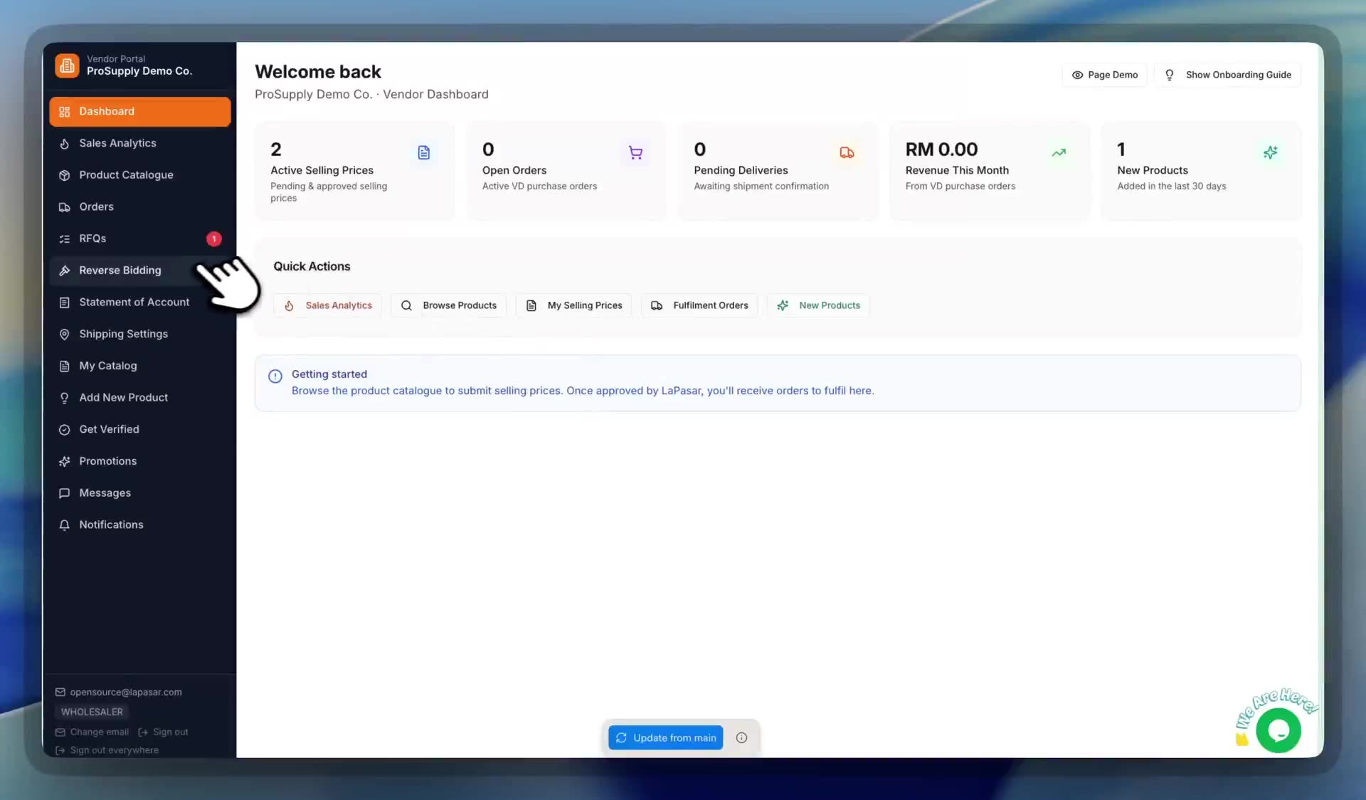 The reverse bidding area — Lapasar vendor portal screenshot